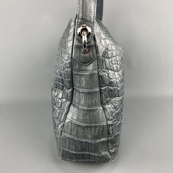 Muted Blue Grey Crocodile Skin Leather Top Handle Handbag - Picture 4 of 11